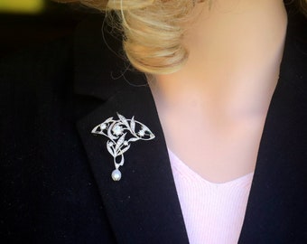 Broche En Argent Style Belle Époque Motif Dentelle Floral Et Laurier Sertie De CZ Blanc - Neuf Sans Emballage