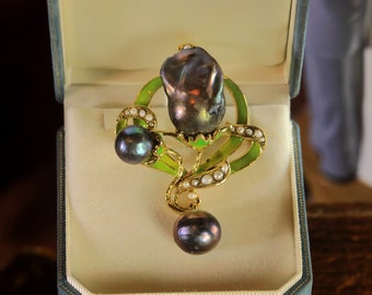 Superb Brooch Necklace Pendant Art Nouveau Flower Branch Leaf Green Enamel Pearl Cultured Baroque Black Wedding Vintage Style Gold Plated