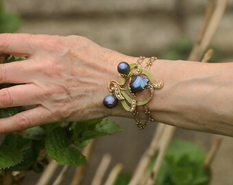 Bracelet Large Réglable Doré Antique Style Art Nouveau Avec Perle Baroque - NEUF Sans Emballage