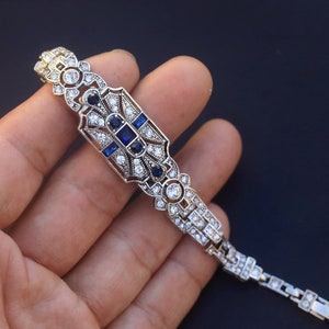 Parure Bracelet Boucles d'Oreilles Dormeuse Argenté Antique Art Déco 1920s Géométrique Strass Bleu Marine Mariage Vintage Style Great Gatsby image 7