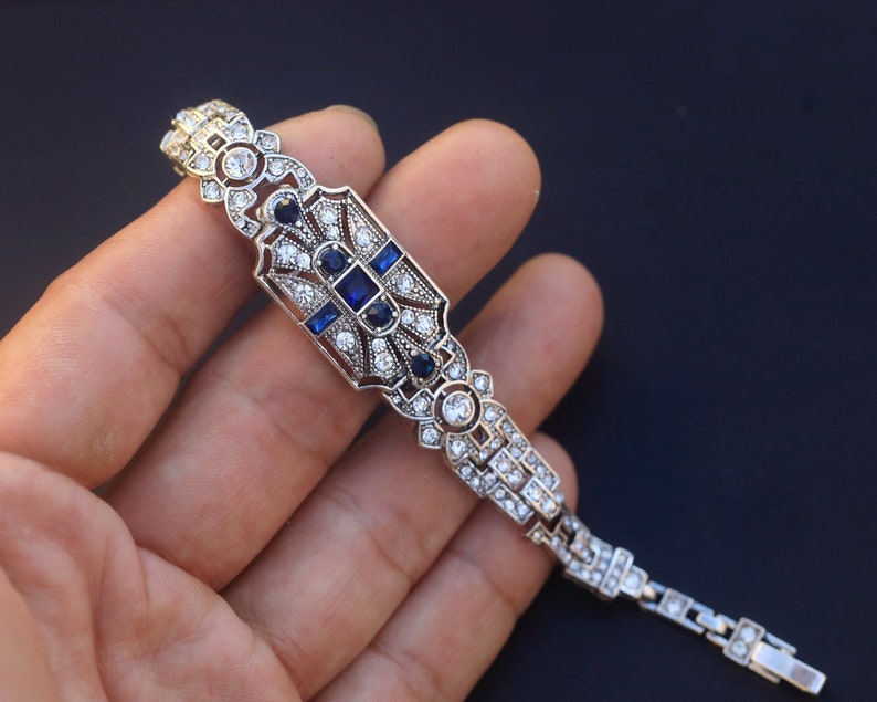 Parure Bracelet Boucles d'Oreilles Dormeuse Argenté Antique Art Déco 1920s Géométrique Strass Bleu Marine Mariage Vintage Style Great Gatsby image 7
