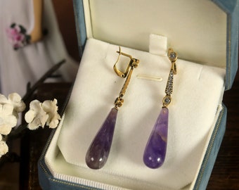 Long Silver-Gold Art Deco Clip on Sleeper Earrings Set with CZ Purple Amethyst Drop Vintage Style 1920s Great Gatsby