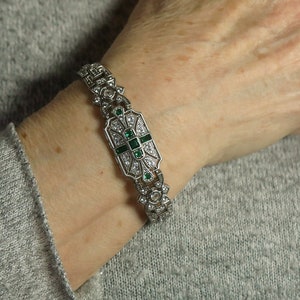 Schitterende Art Deco armband antiek zilver koper geometrische rechthoek bezet met smaragdgroene CZ vintage stijl jaren 1920 Great Gatsby gerhodineerd afbeelding 4