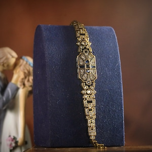 Magnífica pulsera Art Déco, conjunto de rectángulos geométricos de cobre y oro antiguo con circonita azul marino, estilo vintage de los años 20, gran Gatsby chapado en oro imagen 1