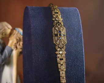 Superbe Bracelet Art Déco Doré Antique Cuivre Géométrique Rectangle Serti de CZ Bleu Marine Vintage Style 1920s Great Gatsby Plaqué Or
