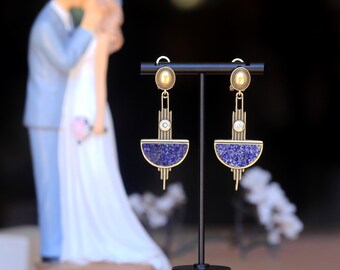 Antique Gold Matte Sleeper Clip On Non Pierced Earrings Art Deco Half Circle White CZ Moon Blue Lapis Lazuli Vintage Style 1920s