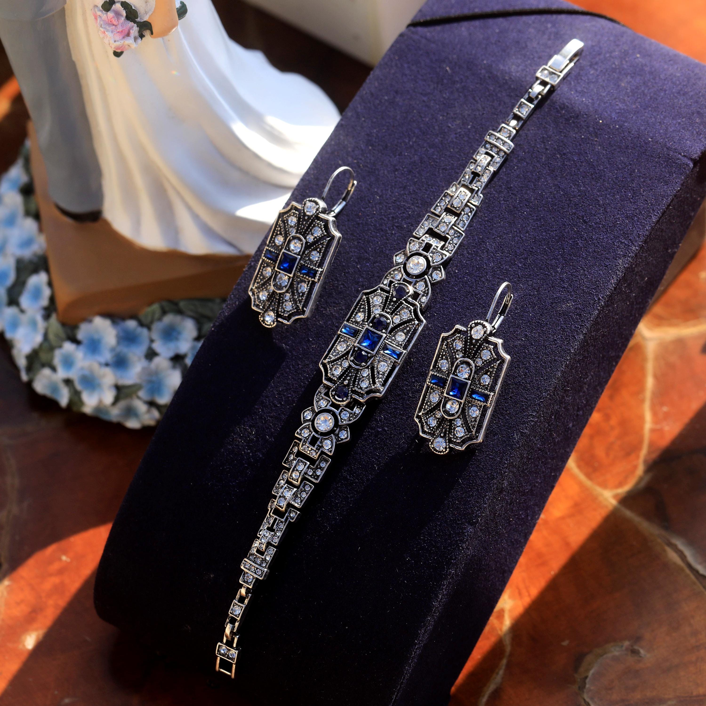 Antik Silber Art Deco 1920er Jahre Geometrischer Strass Marineblau Vintage Hochzeit Great Gatsby Stil Armband Ohrringe Set