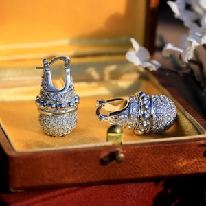 Stunning Art Deco Silver Plated Boat Pearl CZ Tribal Vintage 1920s Wedding Earrings