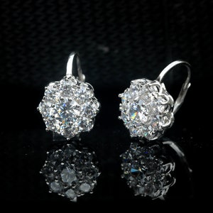 Boucles D'oreilles Dormeuses En Vermeil Argent 925 - Motif Floral Avec CZ Blanc, Style Rétro, Neuf Sans Emballage