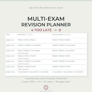 Pode incluir: Um planejador de revisão de exames múltiplos com uma tabela mostrando data, rascunho R00 e correção R01. O texto inclui horários de exames de 17 a 23 de outubro de 2026, notas de disponibilidade e especificações para dois PDFs estáticos A4 e US Letter.