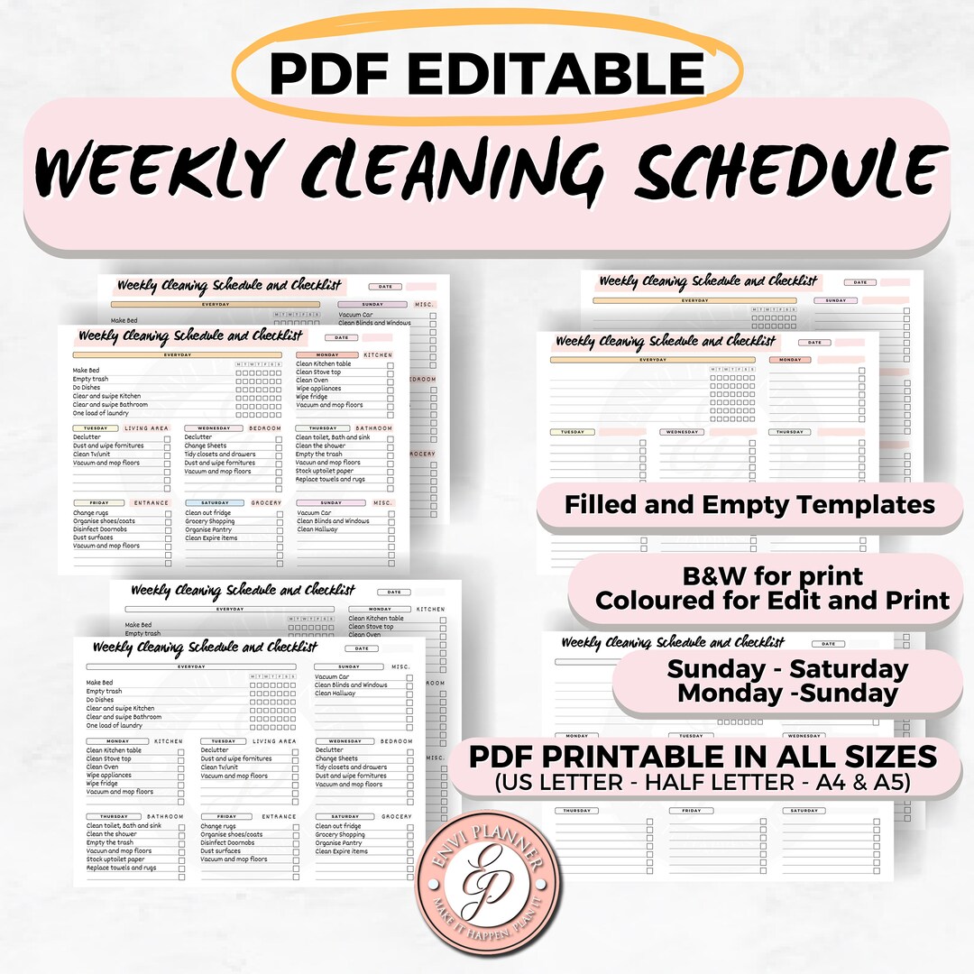 Editable Cleaning Schedule | Weekly Schedule | Home Cleaning Planner ...