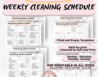 May include: Printable weekly cleaning schedule and checklist in PDF format. The schedule includes sections for different areas of the house, such as the bedroom, kitchen, bathroom, and living area. The checklist is filled with cleaning tasks, such as making the bed, cleaning the kitchen counter, and vacuuming the floors. The document is available in various sizes, including US Letter, Half Letter, A4, and A5.
