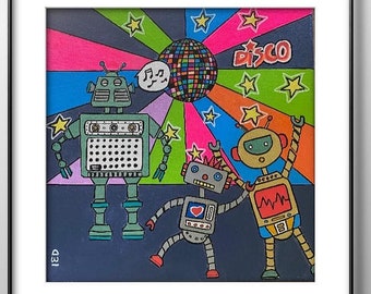 Comic acrylic painting - Dancing robots