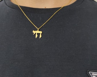 24K Gold Plated Hebrew Chai Necklace for Men, Chai Pendant with Chain, Jewish Chai, Jewish jewelry, kabbalah jewelry,Mens Necklace Religious