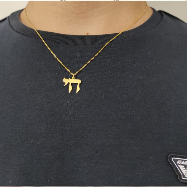 Collar Chai hebreo chapado en oro de 24K para hombres, colgante Chai con cadena, Chai judío, joyería judía, joyería de Cábala, collar religioso para hombres