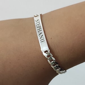 Custom Engraved Sterling Silver Bar Bracelet - Cuban Link ID Bracelet
