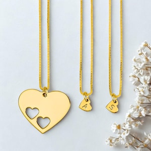 Mother Daughter Necklace Set with Heart Cutouts, 925 Sterling Silver or 24k Gold Plating