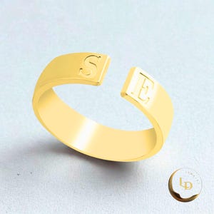 Anillo con inicial abierta para mujer – Grabado personalizado de 2 letras – Plata 925 u oro de 24 quilates – Regalo personalizado ajustable
