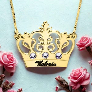 Personalisierte Prinzessin Krone Halskette: Sterling Silber, Benutzerdefinierte Geburtssteine