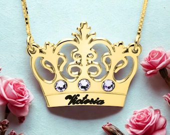 Personalized Princess Crown Necklace: Sterling Silver, Custom Birthstones