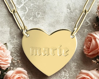 Personalized Heart Pendant Necklace: Engraved Sterling Silver Paperclip Chain