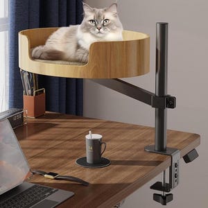 Cat Desk Bed  Elevated Desktop Cat Hammock with Adjustable Height 360 Rotation Small Space Wooden Cat Furniture