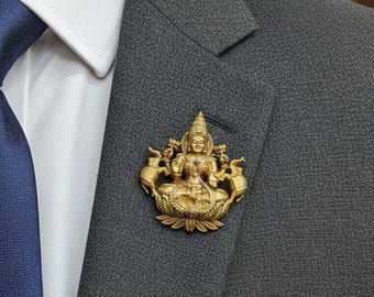 Gold Plated Brass Lakshmi Brooch | Handmade Indian Deity Pin