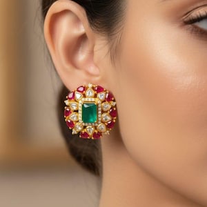 Pode incluir: Close-up de um brinco dourado com uma pedra central quadrada de esmeralda, rodeada por pequenos diamantes e pedras preciosas vermelhas. O brinco tem um design de cluster, mostrando um estilo luxuoso e ornamentado.