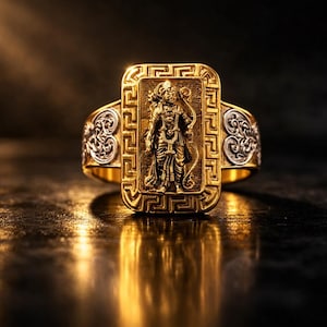 Może przedstawiać: Złoty pierścionek z prostokątnym elementem centralnym przedstawiającym szczegółową postać. Pierścionek ma ozdobny pas z srebrnymi akcentami i wzorem greckiego klucza. Pierścionek jest prezentowany na ciemnej, odblaskowej powierzchni.