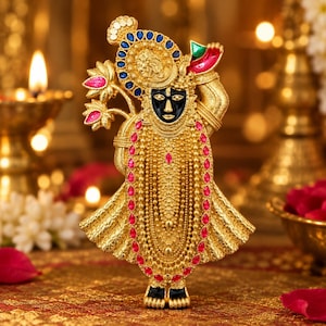 Könnte beinhalten: Eine goldfarbene Gottheitsfigur mit schwarzem Gesicht, verziert mit blauen und rosa Edelsteinakzenten. Die Figur trägt einen aufwendigen Kopfschmuck, mehrere Perlenketten und ein strukturiertes Gewand und hält eine Lotusblume in der Hand.