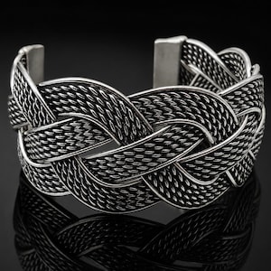 Oxidized Silver Plated Brass Braided Cuff Bracelet, Unisex Boho Viking Bangle