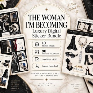 Pode incluir: Um pacote de adesivos digitais intitulado The Woman I'm Becoming, com 10 folhas e 90 adesivos PNG individuais. A coleção inclui ilustrações de acessórios de moda, decoração de interiores e itens de viagem em uma estética preta e branca.