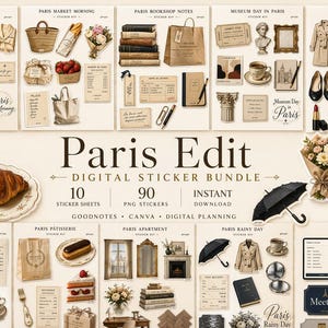 May include: A digital sticker bundle titled Paris Edit featuring 90 individual PNG stickers across 10 sheets. The collection includes illustrations of Parisian themes such as croissants, coffee cups, books, fashion items, umbrellas, and stationery.