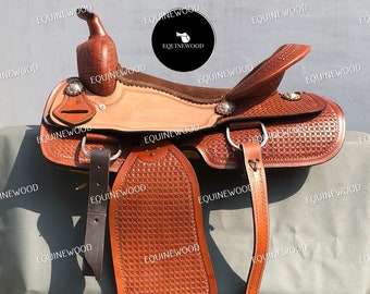 Handtooling Patent Design  Western Barrel A+ Leather Horse Saddle tack set Breastcollar, Headstall, Reins, Size-10"-18" SIWB22