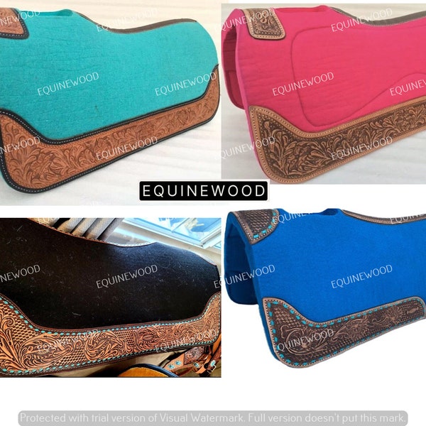 Handtooled Western saddle pad in 4 colors Western All Colors Teal Felt 1” Thick Saddle Pad With Carved Leather Wear Edge in 4 sizes