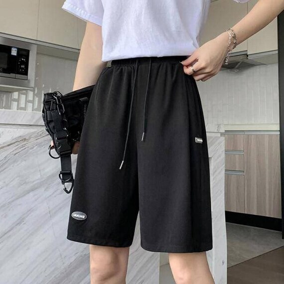 High Waisted Loose Drawstring Black Biker Shorts - Etsy