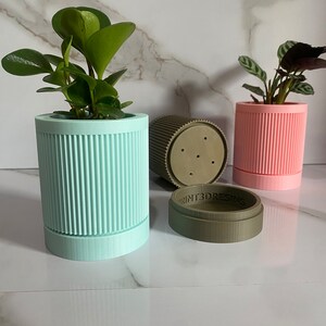 Puede incluir: Tres macetas para plantas impresas en 3D, una verde claro, una rosa y una verde oscuro. La maceta verde claro tiene una planta dentro. La maceta verde oscuro tiene el texto "PRINT3DRESINS" en el lateral.