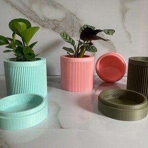 Puede incluir: Tres macetas cil&iacute;ndricas con tapas, una en azul claro, una en rosa y otra en verde oliva. Cada maceta tiene un dise&ntilde;o acanalado y la palabra "3DResins" impresa en la parte inferior.