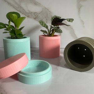 Puede incluir: Tres macetas para plantas, una rosa, una azul claro y una verde. Las macetas rosa y azul claro tienen una textura acanalada. La maceta verde tiene agujeros de drenaje. La maceta azul claro tiene una tapa con la palabra "ORESINS" impresa en ella. Las macetas est&aacute;n sobre una superficie de m&aacute;rmol blanco.