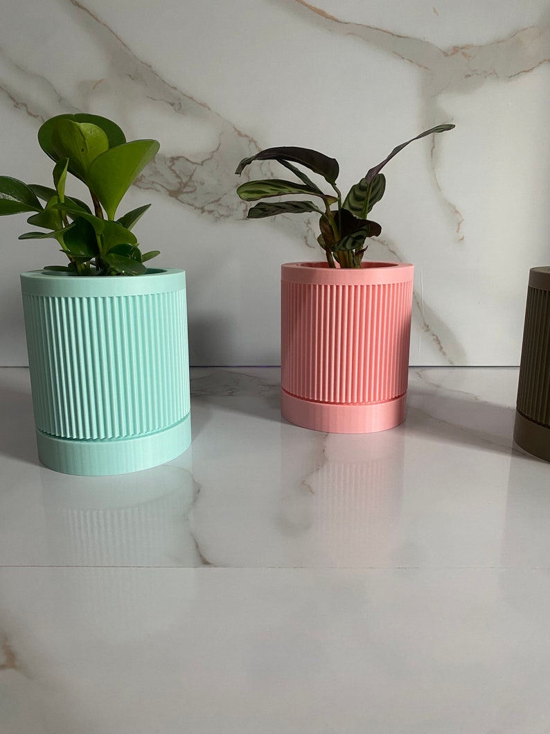 Puede incluir: Tres macetas cil&iacute;ndricas con dise&ntilde;os acanalados. Las macetas son azul claro, rosa y marr&oacute;n oscuro. Cada maceta tiene una planta creciendo dentro.