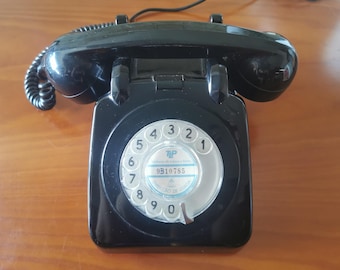 Vintage zwarte telefoon met draaischijf, zeldzaam Portugees, TLP Lissabon, jaren 60/70, origineel label