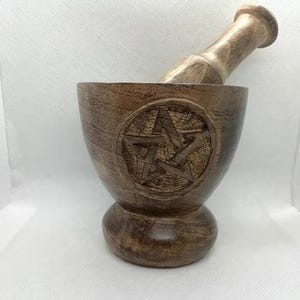 Mortar with Pentagram | Wooden Mortar for Herbs & Spices | Natural Kitchen Decor | Wiccan Altar Tool