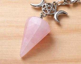 Pendulum Rose Quartz Faceted Triple Moon Pendulum for Healing & Meditation | Spiritual Home Decor