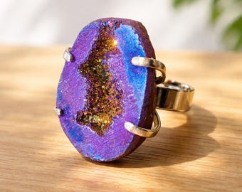 Crystal Jewelry | Rainbow Titanium Aura Druzy Geode Ring | Energy Healing | Witch Gift