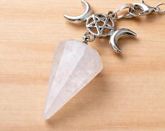White Quartz Faceted Triple Moon Pendulum, Spiritual Decor