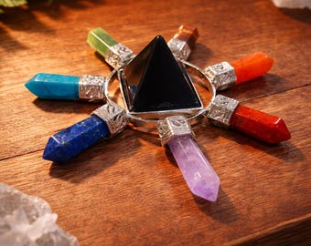 Crystal Energy Generator Pyramid Onyx & 7 Chakra Stone Healing | Metaphysical Decor | Reiki | Meditation