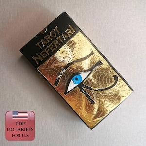 de Tarot Néfertari | Jeu de 78 cartes égyptien avec feuille d'or pour débutants et experts