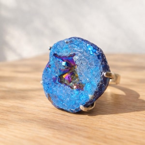 Crystal Jewelry | Rainbow Titanium Aura Druzy Geode Ring | Energy Healing | Gemstone | Quartz