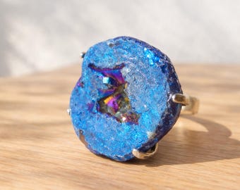 Crystal Jewelry | Rainbow Titanium Aura Druzy Geode Ring | Energy Healing | Gemstone | Quartz