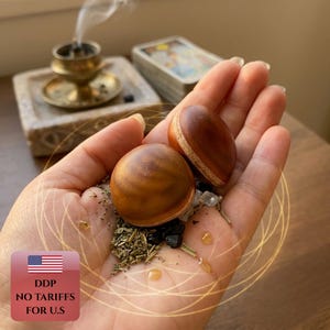 May include: Two smooth, round, brown seeds with a visible seam resting in a palm alongside a small pile of dried green herbs and dark particles. The seeds have a polished, wooden appearance with a lighter tan band encircling their centers.